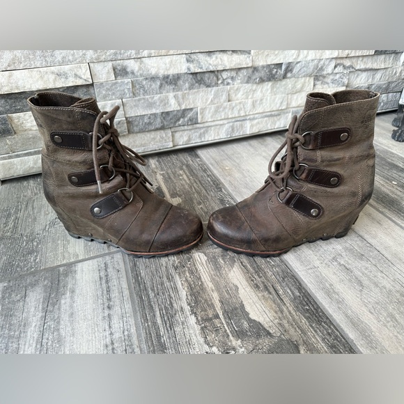 Sorel Joan of Arctic Wedge Brown Lace Up Waterproof  Winter Boots Distressed Sz7 - Picture 4 of 14